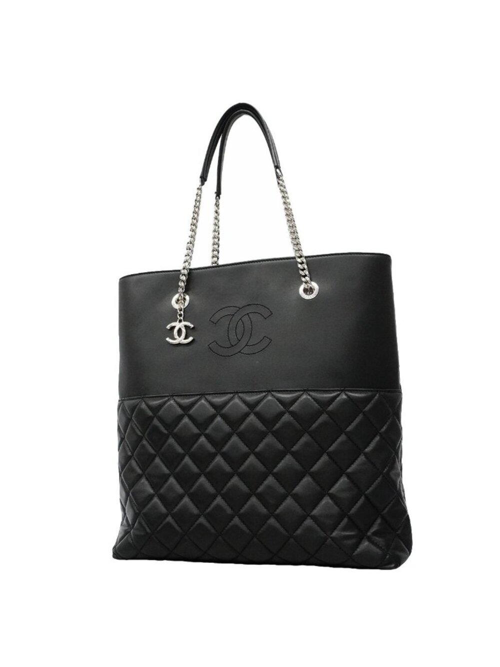 Chanel Tote Bag Quilted Lambskin Black Silver